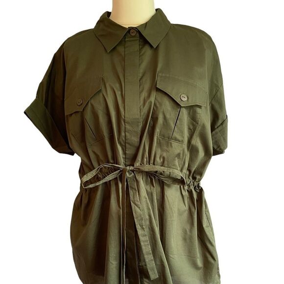 AQUA Olive Green Gathered Tie Waist Shirt Size L NEW - Picture 1 of 7